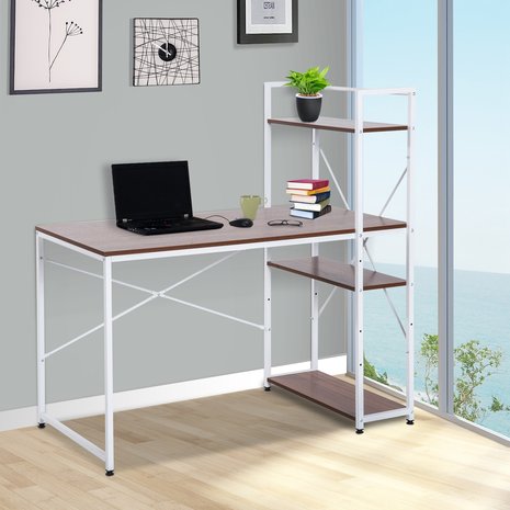 Bureau - computertafel - Modern design - Met rek - laptopbureau - 4 schappen - Walnoot / Wit -