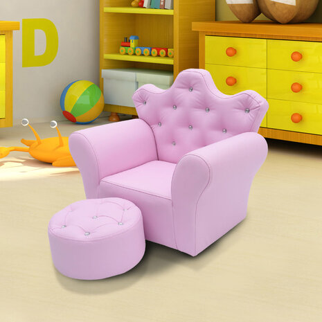 Kindersofa met poef - Kinder Fauteuil - Kinder relax stoel met voetenbank  - Kunstleer - Roze