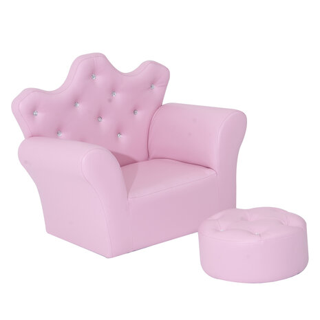 Kindersofa met poef - Kinder Fauteuil - Kinder relax stoel met voetenbank  - Kunstleer - Roze