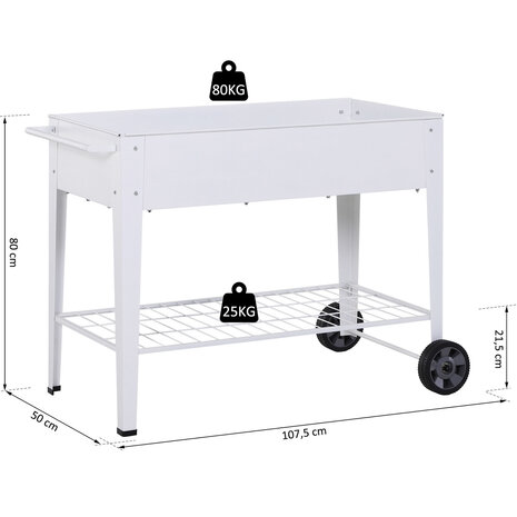 Mobiele plantenbak - Mobiele plantenwagen - Plantentrolley - Verhoogde Bloembak - Metaal - Verrijdbaar - 108 x 50 x 80 cm - Wit