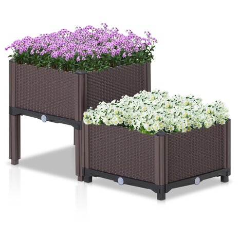 Set van 2 vierkante bloembak op poten - Plantenbak vierkant - Rattan look - 2 stuks - Bruin