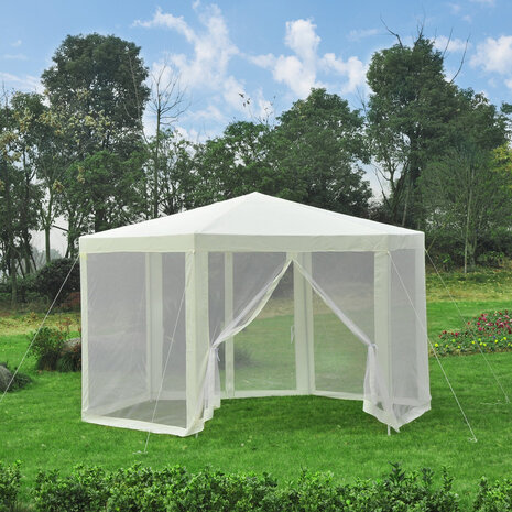 Tuinpaviljoen - Paviljoen - Partytent - Modern ontwerp - Klamboe mesh zijwanden - Zeshoekig - 3 ,9 x 3,9 m - Beige