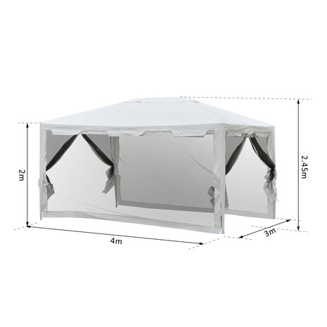 Tuinpaviljoen - Paviljoen - Partytent - Modern ontwerp - 4 Klamboe mesh zijwanden - 3 x 4 m - Wit