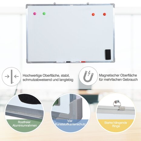 Whiteboard - Magnetisch -  Aluminium frame  - Inclusief 4 whiteboardmarkers, wisser en 10 magneten - 90 x 60 cm
