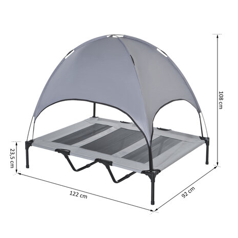 Honden Ligbed met zonnedak - Grote Hondenbed Stretcher met UV Canopy - Hondenstretcher met zonnetent - XXL - 110x68cm - Grijs