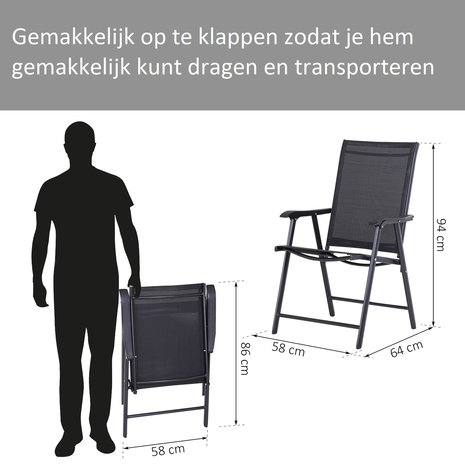 2x Tuinstoel met armleuning - Campingstoel - Tuin stoel - Klapstoel - Set van twee - zwart