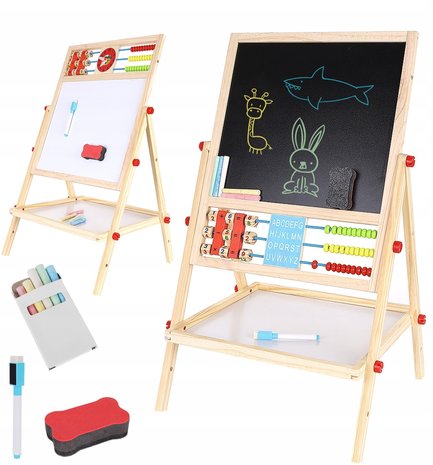 Houten Schoolbord op standaard - Krijtbord voor kinderen - Whiteboard - Dubbelzijdig - Hout