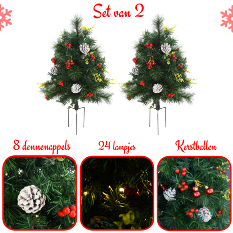 Kunstkerstboom met verlichting en decoratie - Set van 2 - Kerstboom met lampjes - Kerstballen - Kerstversiering - Binnen/Buiten