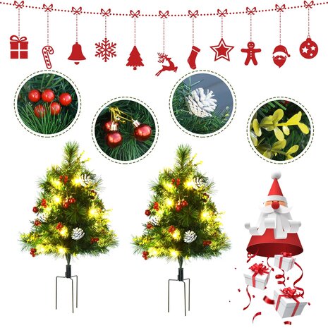 Kunstkerstboom met verlichting en decoratie - Set van 2 - Kerstboom met lampjes - Kerstballen - Kerstversiering - Binnen/Buiten