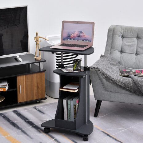 Laptoptafel - Laptopstandaard - Met wielen - In hoogte verstelbaar - Opbergruimte - zwart