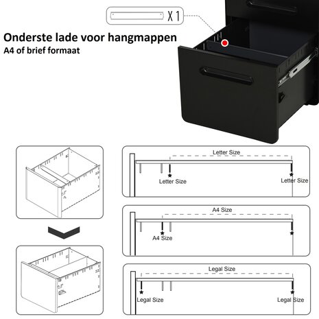 Ladeblok - Ladeblok bureau - bureaukast - Archiefkast - 3 lades - Met slot - Staal - Zwart