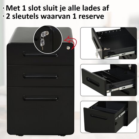 Ladeblok - Ladeblok bureau - bureaukast - Archiefkast - 3 lades - Met slot - Staal - Zwart