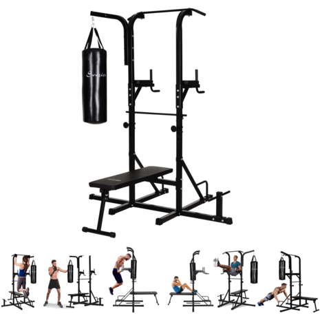 Power Tower - Krachtstation - Home gym - Pull up bar - Dip station - Halterbank - Inclusief bokszak