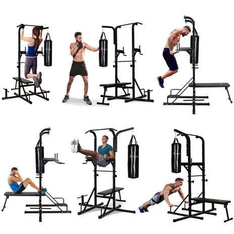 Power Tower - Krachtstation - Home gym - Pull up bar - Dip station - Halterbank - Inclusief bokszak