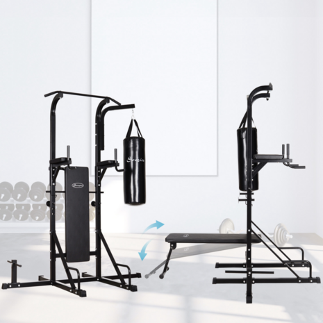 Power Tower - Krachtstation - Home gym - Pull up bar - Dip station - Halterbank - Inclusief bokszak