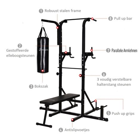 Power Tower - Krachtstation - Home gym - Pull up bar - Dip station - Halterbank - Inclusief bokszak