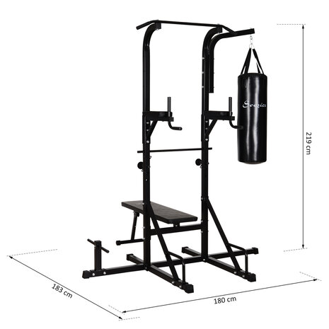 Power Tower - Krachtstation - Home gym - Pull up bar - Dip station - Halterbank - Inclusief bokszak