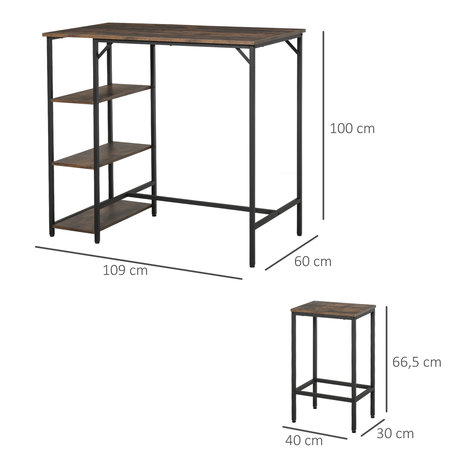 Bartafel met barstoelen - eetkamertafel - 2 barstoelen - Barkruk - Vintage - Industrieel - Opbergruimte