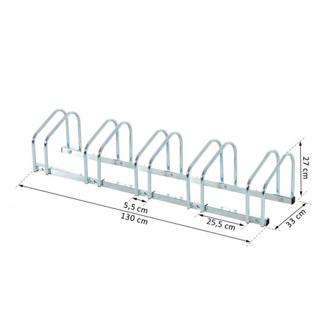 Fietsenrek - Fietsrek -Fietsstandaard - Voor 5 fietsen - Muurmontage mogelijk - 130 x 33 x 27 cm - Verzinkt staal