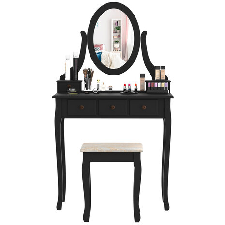 Make up tafel - Kaptafel - Opmaaktafel - Visagie tafel met kruk en grote spiegel - Zwart - 80 x 40 x 77 cm (BxDxH)