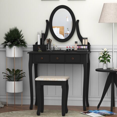 Make up tafel - Kaptafel - Opmaaktafel - Visagie tafel met kruk en grote spiegel - Zwart - 80 x 40 x 77 cm (BxDxH)