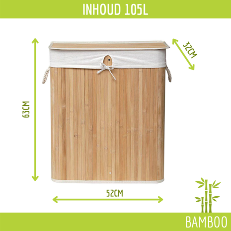Bamboo wasmand 105L - Luxe wasmand - Wassorteerder - Bamboe - XL - Inclusief zak - Natuur