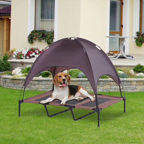 Honden Ligbed met zonnedak - Grote Hondenbed Stretcher met UV Canopy - Hondenstretcher met zonnetent - XXL - 110x68cm - Koffie