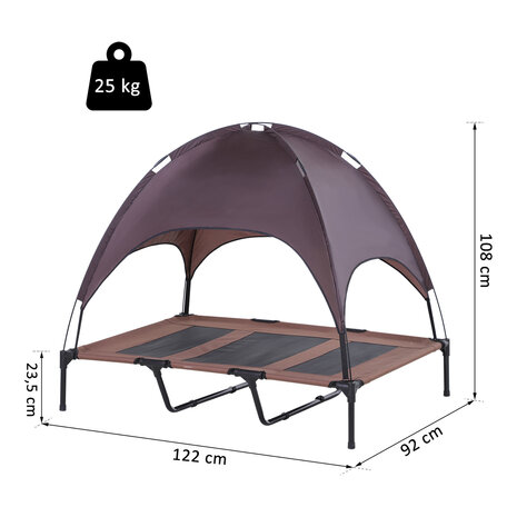 Honden Ligbed met zonnedak - Grote Hondenbed Stretcher met UV Canopy - Hondenstretcher met zonnetent - XXL - 110x68cm - Koffie