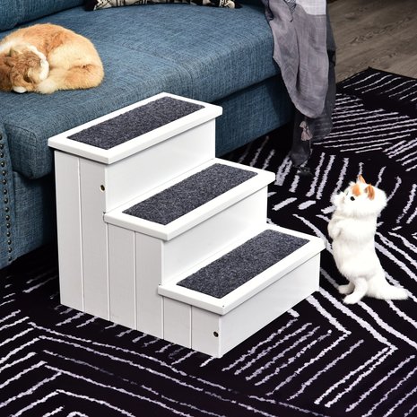 Hondentrap met tapijtbekleding - Kattentrap - Trapje - Honden - Kat - Dieren - Hout - Wit - B40,5 x D44,5 x H38 cm