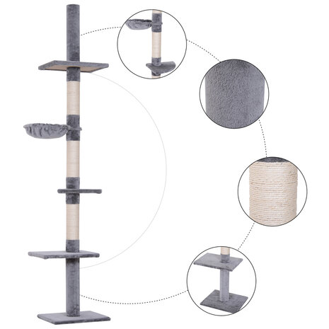 Krabpaal in hoogte verstelbaar  - Kattenkrabpaal  - Krabpaal voor katten - Kattenspeeltjes -  Katten - Grijs - 40x30x (230&ndash;260) cm