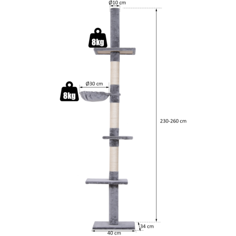 Krabpaal in hoogte verstelbaar  - Kattenkrabpaal  - Krabpaal voor katten - Kattenspeeltjes -  Katten - Grijs - 40x30x (230&ndash;260) cm