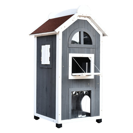 Kattenvilla met trap en balkon - Kattenhuis - Kattenhok -  2 verdiepingen - 59 x 55 x 109 cm- Hout - Grijs