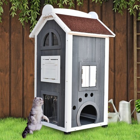 Kattenvilla met trap en balkon - Kattenhuis - Kattenhok -  2 verdiepingen - 59 x 55 x 109 cm- Hout - Grijs