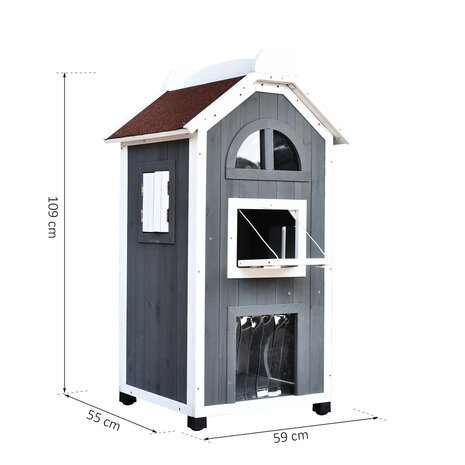 Kattenvilla met trap en balkon - Kattenhuis - Kattenhok -  2 verdiepingen - 59 x 55 x 109 cm- Hout - Grijs