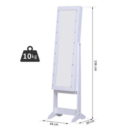 Spiegelkast - Spiegel met verlichting - Spiegel staand - Sieradenhouder - B36 x H136 x D30 cm