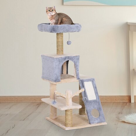 Krabpaal met kattenhuis - Kattenkrabpaal - Kattenspeeltjes - Katten - Grijs - 48 x 49 x 108 cm