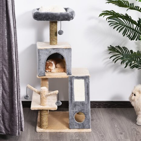 Krabpaal met kattenhuis - Kattenkrabpaal - Kattenspeeltjes - Katten - Grijs - 48 x 49 x 108 cm