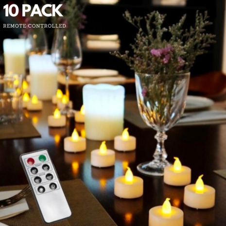 10 x flikkerende LED theelicht warmwit met afstandsbediening - Theelichtjes