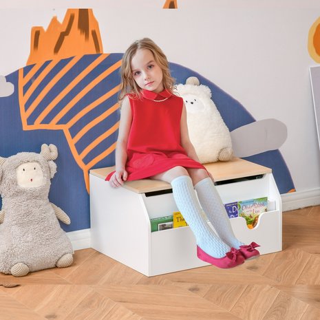 Opbergkist met boekenplank 2 in - Speelgoedkist - Kinderstoel - kinderbank - Speelgoed - 58L x 43W x 30H cm - Wit
