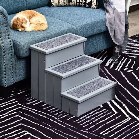 Hondentrap met tapijtbekleding - Met opbergruimte - Kattentrap - Trapje - Honden - Kat - Dieren - Hout - Grijs - 40,5 x 44,5 x 38 cm