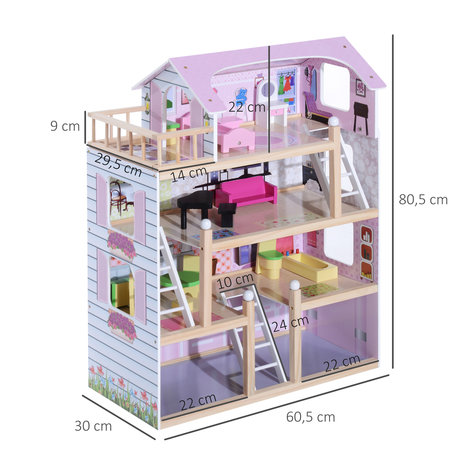 Poppenhuis 4 verdiepingen - Inclusief poppenhuismeubels - Poppen - Pop -  Speelgoed -  60 x 30 x 80 cm