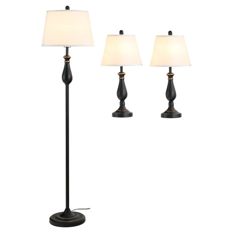 Driedelige set van 1 staande lamp en 2 tafellampen - Vloerlamp - Stalamp - tafellamp - Vintage - Klassiek - Zwart