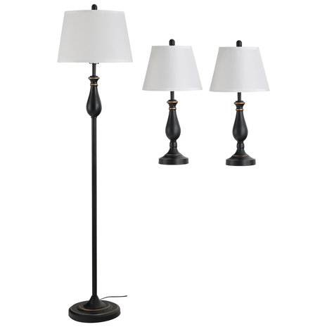 Driedelige set van 1 staande lamp en 2 tafellampen - Vloerlamp - Stalamp - tafellamp - Vintage - Klassiek - Zwart