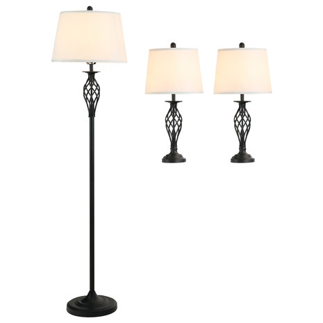 Driedelige set van 1 staande lamp en 2 tafellampen - Vloerlamp - Stalamp - tafellamp - Vintage - Klassiek - Zwart/wit