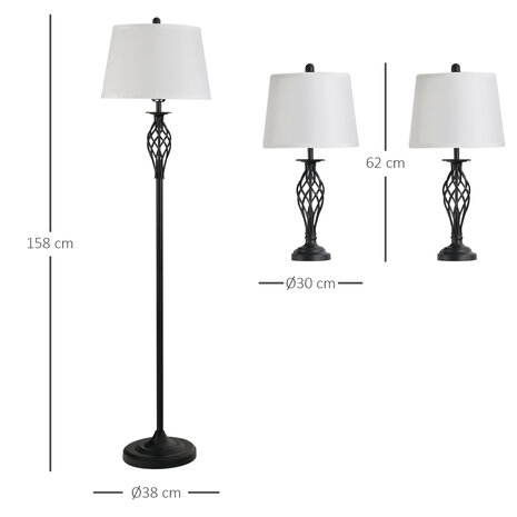 Driedelige set van 1 staande lamp en 2 tafellampen - Vloerlamp - Stalamp - tafellamp - Vintage - Klassiek - Zwart/wit