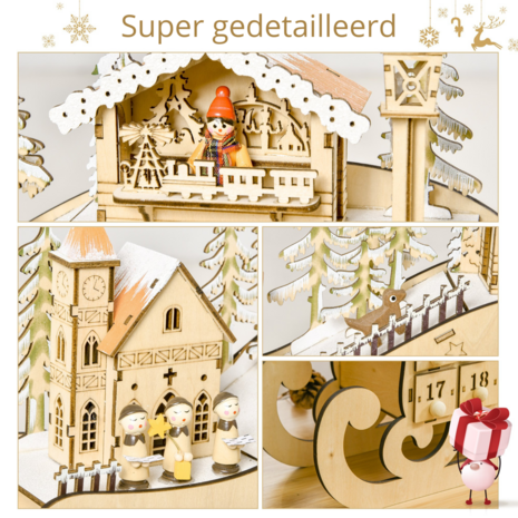 ChristmasGoodz - Adventskalender - Advent - Adventkalender - Adventkalender volwassenen - Hout - LED verlichting - 45 x 10 x 31 cm