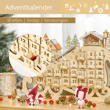 ChristmasGoodz - Adventskalender - Advent - Adventkalender - Adventkalender volwassenen - Hout - LED verlichting - 45 x 10 x 31 cm