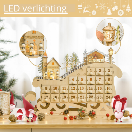 ChristmasGoodz - Adventskalender - Advent - Adventkalender - Adventkalender volwassenen - Hout - LED verlichting - 45 x 10 x 31 cm
