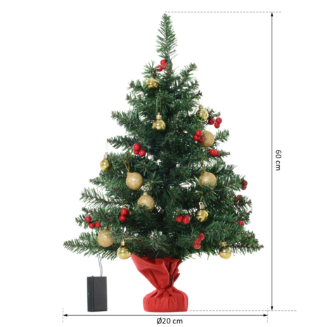 ChristmasGoodz - Kunstkerstboom - Kunstkerstboom met verlichting - 15 Led - Kerstballen - 60 cm - Kerstboom met versiering