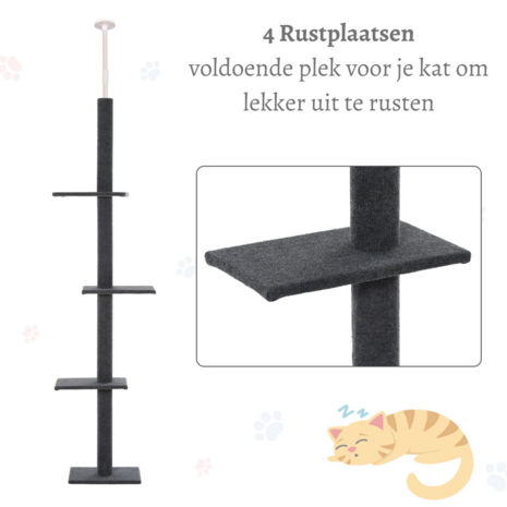 Krabpaal in hoogte verstelbaar  - Kattenkrabpaal  - Krabpaal voor katten - Kattenspeeltjes -  Katten - Grijs - 43L x 27B x 228-260H cm